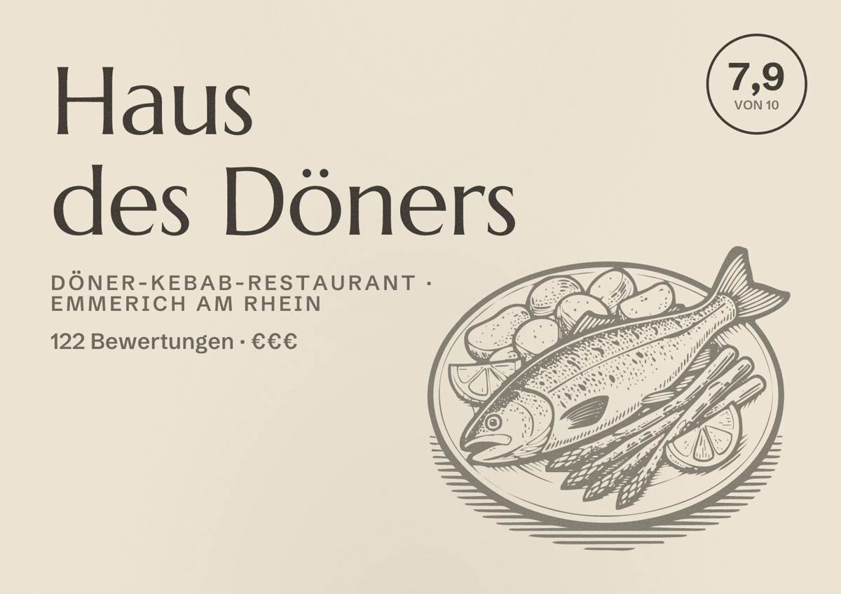 Illustriertes Poster von Haus des Döners, Döner-Kebab-Restaurant in Emmerich am Rhein: Bewertung 7,9 von 10 aus 122 Bewertungen, Preisniveau €€€