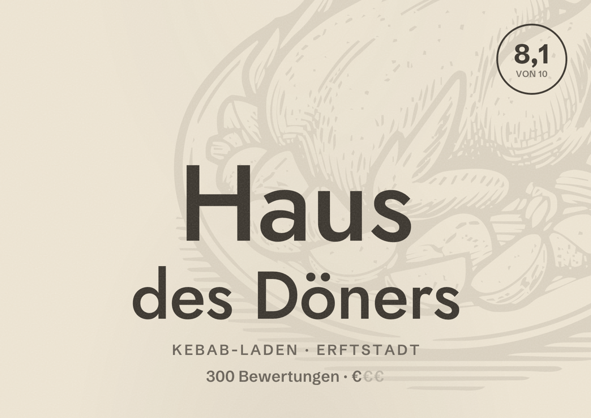 Illustriertes Poster von Haus des Döners, Kebab-Laden in Erftstadt: Bewertung 8,1 von 10 aus 300 Bewertungen, Preisniveau €