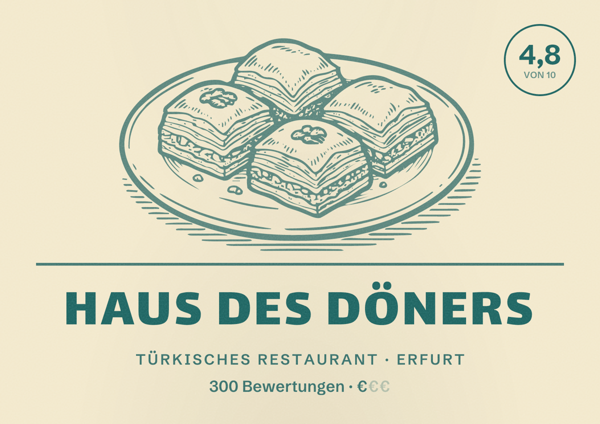 Illustriertes Poster von Haus des Döners, Türkisches Restaurant in Erfurt: Bewertung 4,8 von 10 aus 300 Bewertungen, Preisniveau €