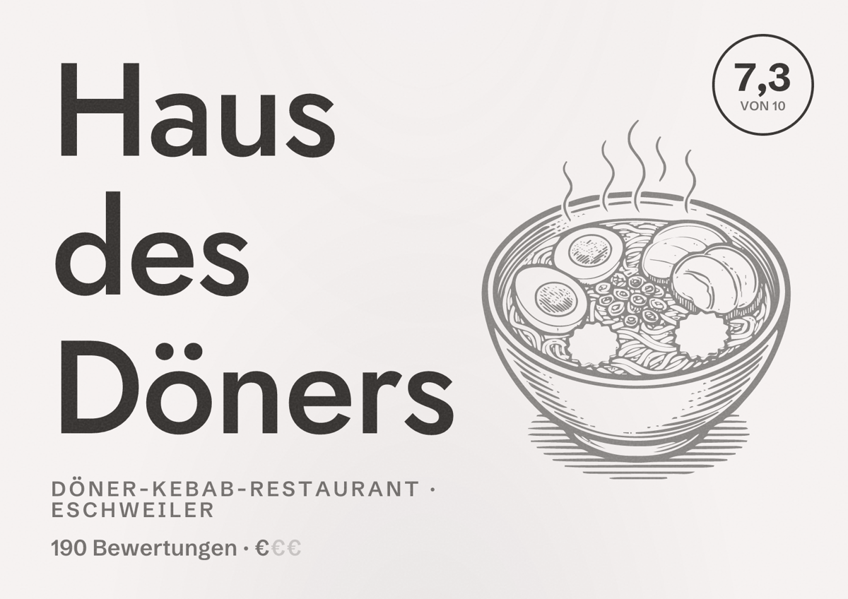 Illustriertes Poster von Haus des Döners, Döner-Kebab-Restaurant in Eschweiler: Bewertung 7,3 von 10 aus 190 Bewertungen, Preisniveau €