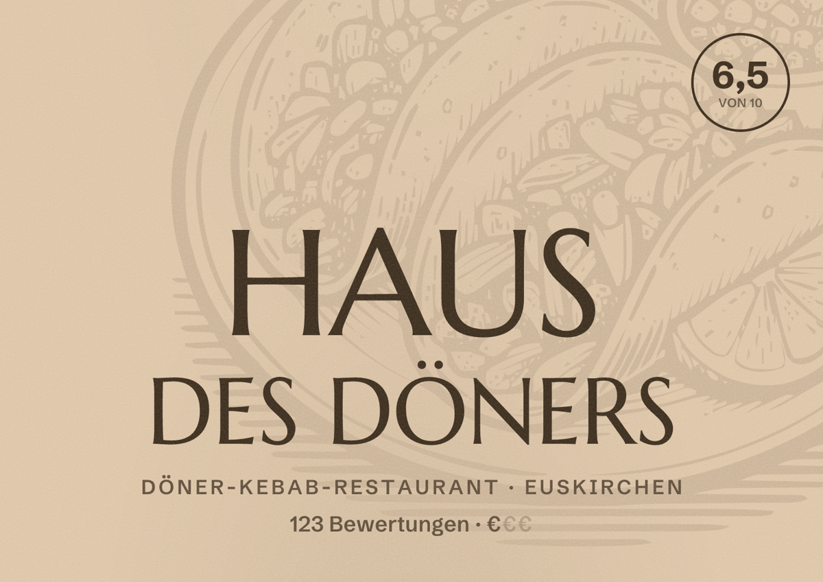 Illustriertes Poster von HAUS DES DÖNERS, Döner-Kebab-Restaurant in Euskirchen: Bewertung 6,5 von 10 aus 123 Bewertungen, Preisniveau €