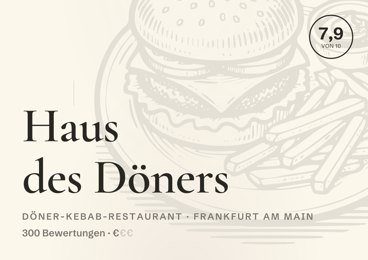 Illustriertes Poster von Haus des Döners, Döner-Kebab-Restaurant in Frankfurt am Main: Bewertung 7,9 von 10 aus 300 Bewertungen, Preisniveau €