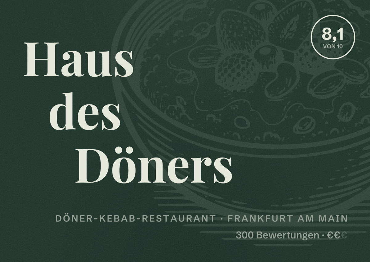 Illustriertes Poster von Haus des Döners, Döner-Kebab-Restaurant in Frankfurt am Main: Bewertung 8,1 von 10 aus 300 Bewertungen, Preisniveau €€