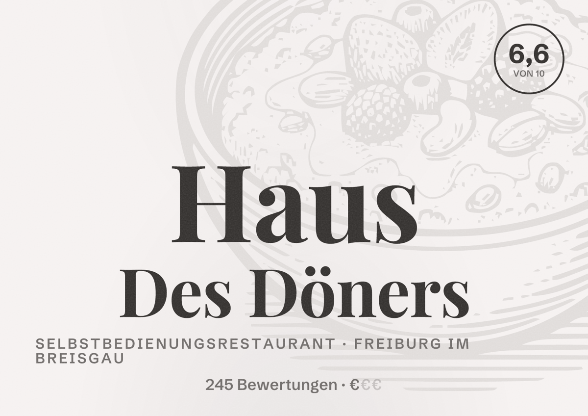 Illustriertes Poster von Haus Des Döners, Selbstbedienungsrestaurant in Freiburg im Breisgau: Bewertung 6,6 von 10 aus 245 Bewertungen, Preisniveau €