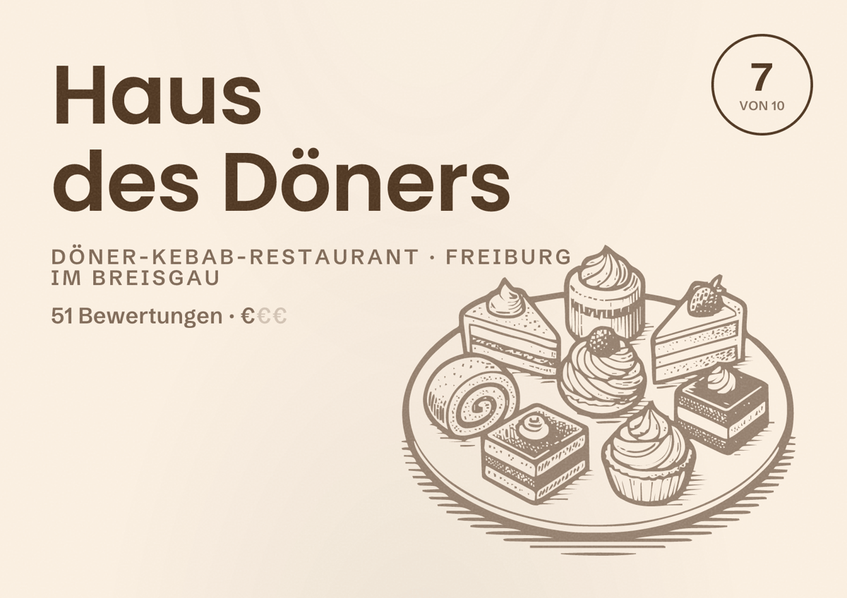 Illustriertes Poster von Haus des Döners, Döner-Kebab-Restaurant in Freiburg im Breisgau: Bewertung 7,0 von 10 aus 51 Bewertungen, Preisniveau €