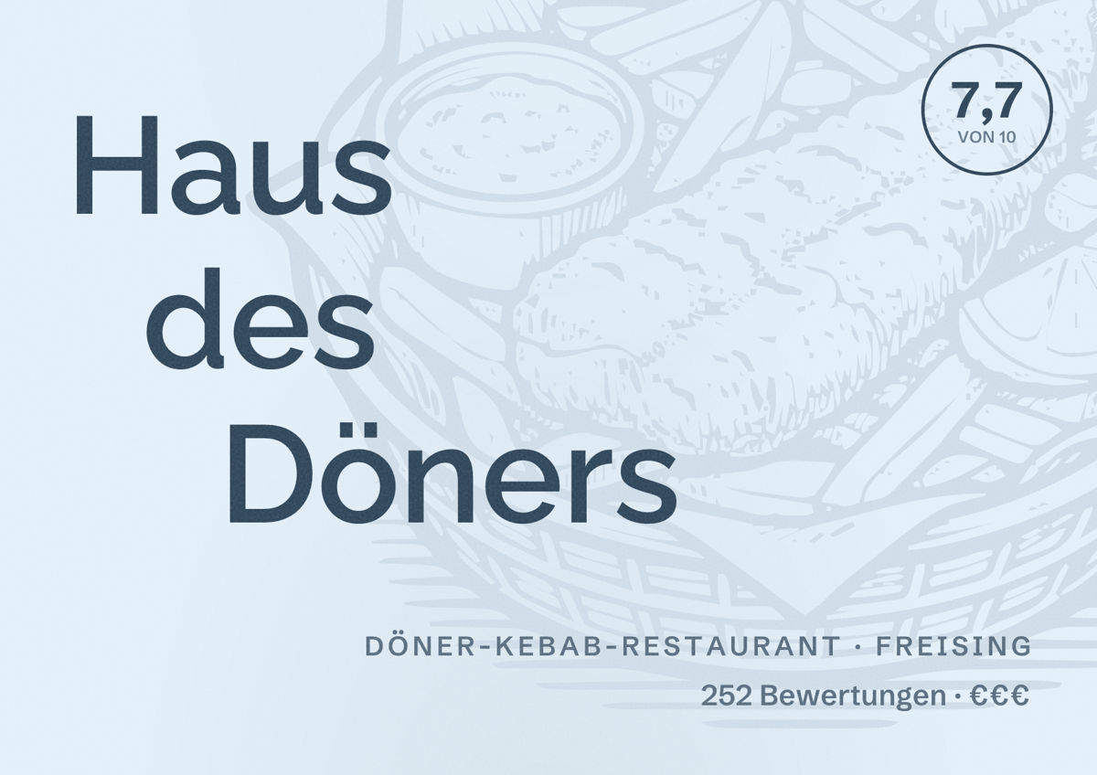 Illustriertes Poster von Haus des Döners, Döner-Kebab-Restaurant in Freising: Bewertung 7,7 von 10 aus 252 Bewertungen, Preisniveau €€€