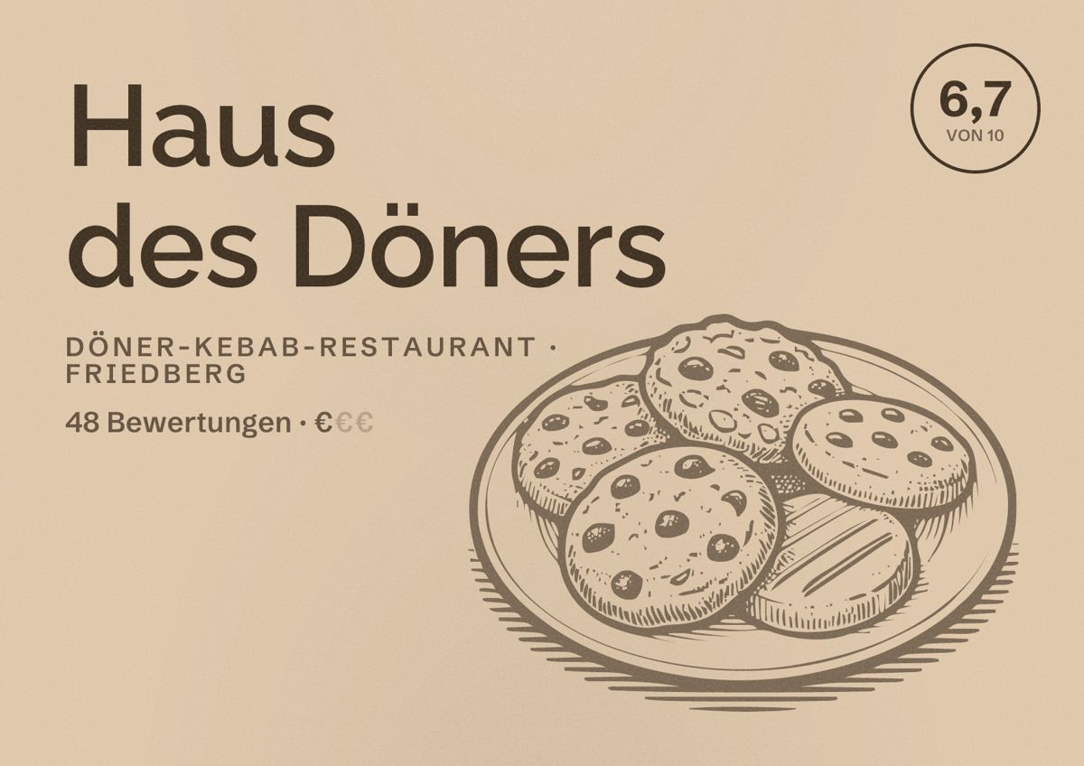 Illustriertes Poster von Haus des Döners, Döner-Kebab-Restaurant in Friedberg: Bewertung 6,7 von 10 aus 48 Bewertungen, Preisniveau €