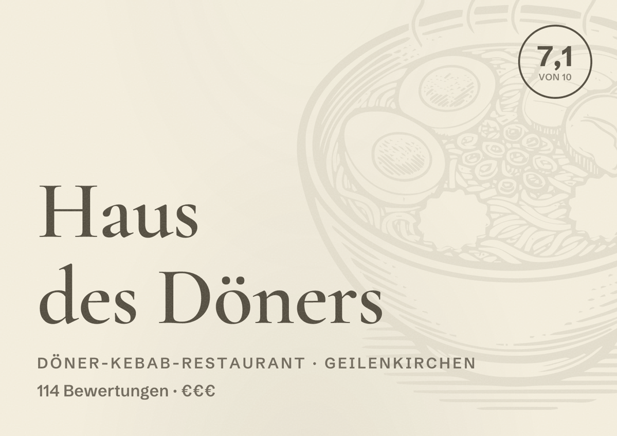 Illustriertes Poster von Haus des Döners, Döner-Kebab-Restaurant in Geilenkirchen: Bewertung 7,1 von 10 aus 114 Bewertungen, Preisniveau €€€