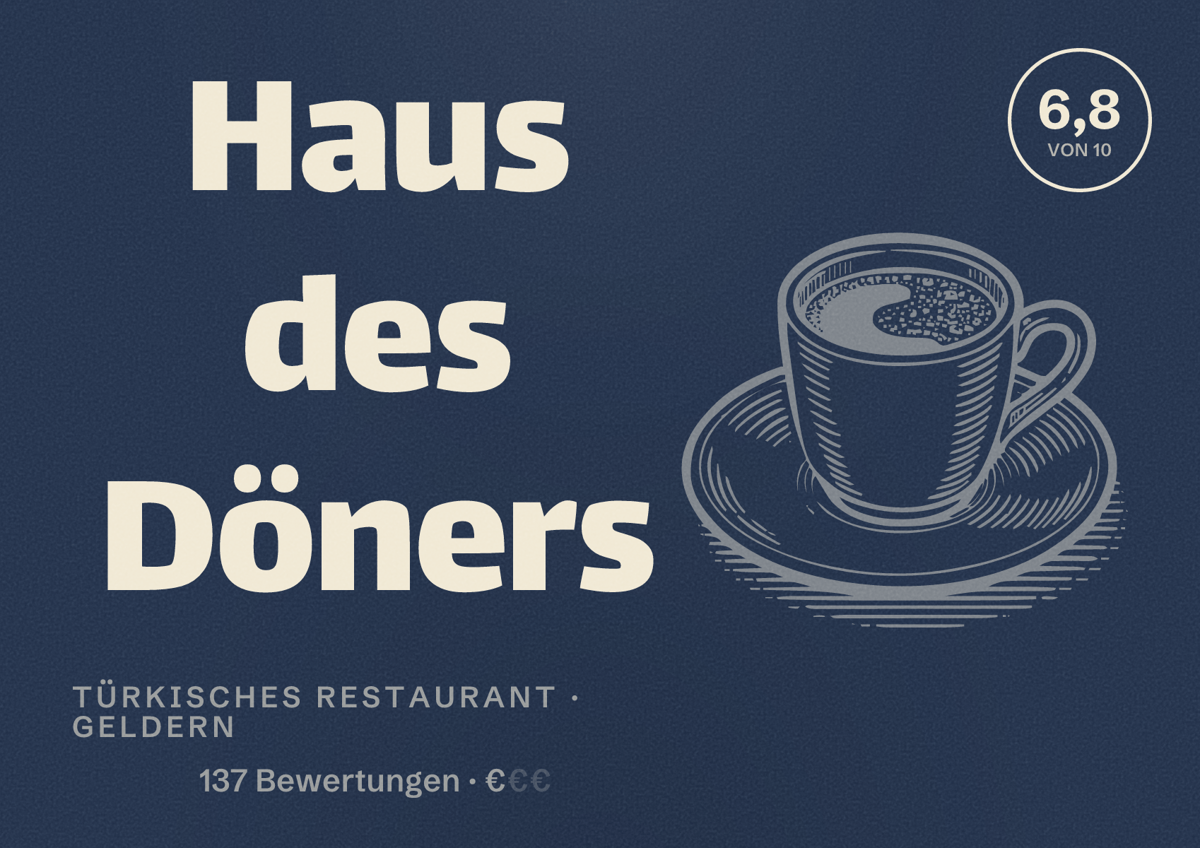Illustriertes Poster von Haus des Döners, Türkisches Restaurant in Geldern: Bewertung 6,8 von 10 aus 137 Bewertungen, Preisniveau €