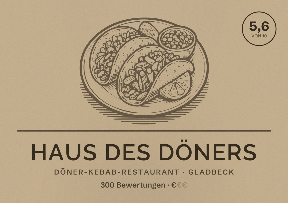 Illustriertes Poster von Haus des Döners, Döner-Kebab-Restaurant in Gladbeck: Bewertung 5,6 von 10 aus 300 Bewertungen, Preisniveau €