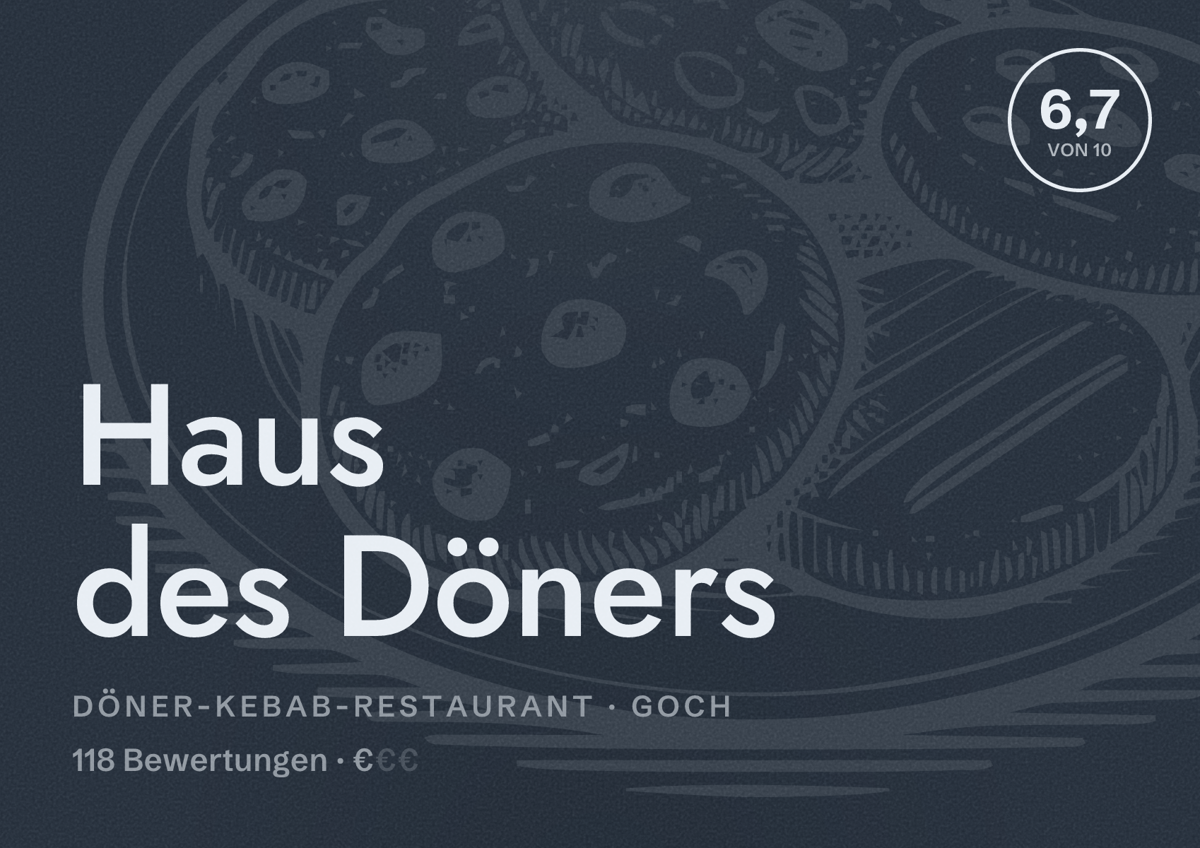 Illustriertes Poster von Haus des Döners, Döner-Kebab-Restaurant in Goch: Bewertung 6,7 von 10 aus 118 Bewertungen, Preisniveau €