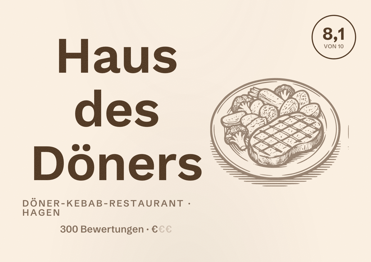 Illustriertes Poster von Haus des Döners, Döner-Kebab-Restaurant in Hagen: Bewertung 8,1 von 10 aus 300 Bewertungen, Preisniveau €