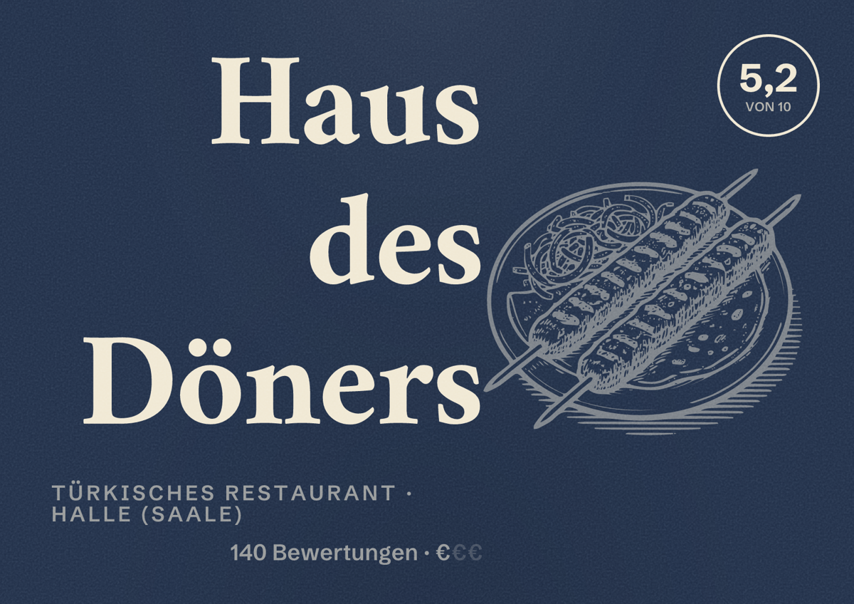 Illustriertes Poster von Haus des Döners, Türkisches Restaurant in Halle (Saale): Bewertung 5,2 von 10 aus 140 Bewertungen, Preisniveau €