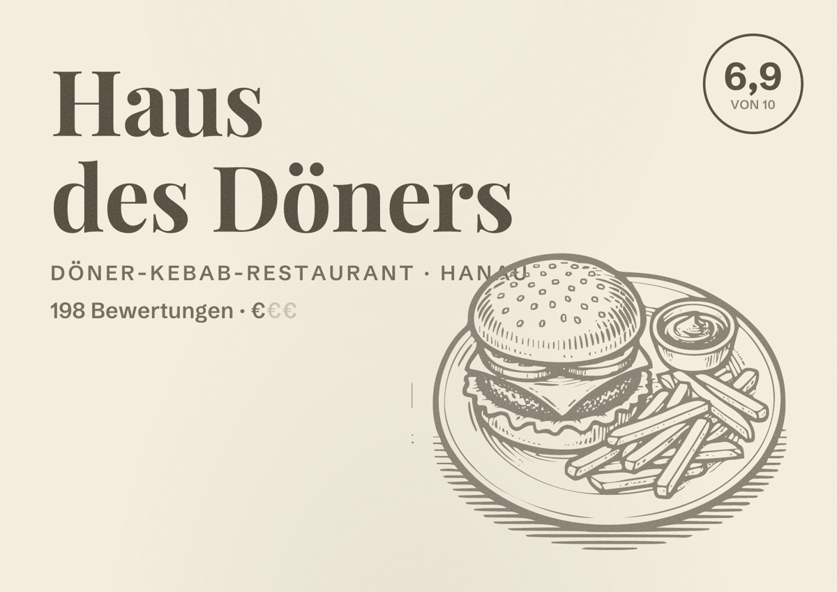 Illustriertes Poster von Haus des Döners, Döner-Kebab-Restaurant in Hanau: Bewertung 6,9 von 10 aus 198 Bewertungen, Preisniveau €