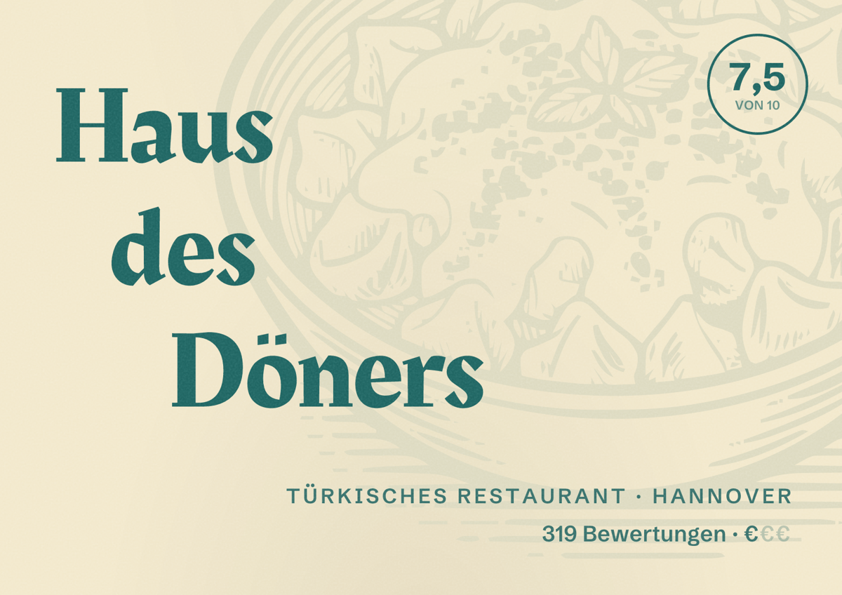 Illustriertes Poster von Haus des Döners, Türkisches Restaurant in Hannover: Bewertung 7,5 von 10 aus 319 Bewertungen, Preisniveau €
