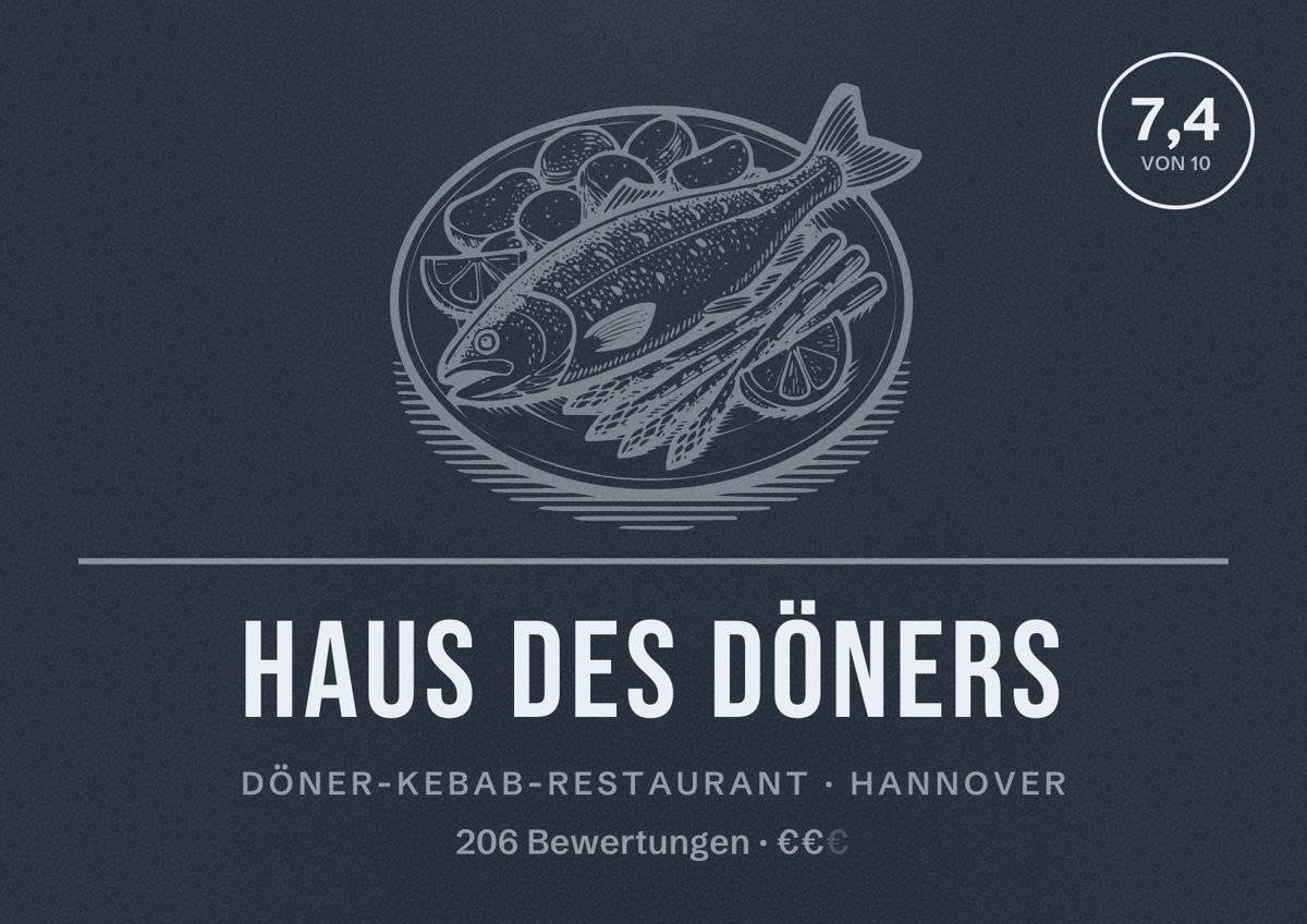 Illustriertes Poster von Haus des Döners, Döner-Kebab-Restaurant in Hannover: Bewertung 7,4 von 10 aus 206 Bewertungen, Preisniveau €€
