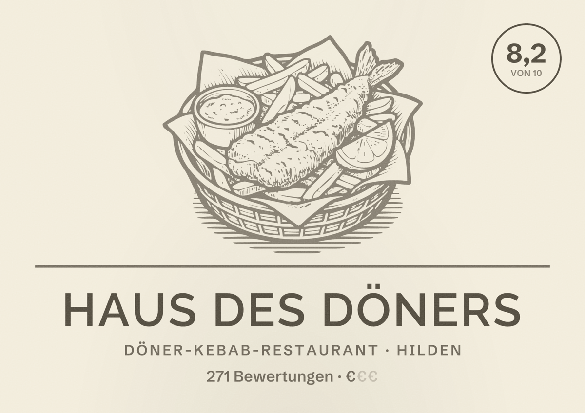 Illustriertes Poster von Haus des Döners, Döner-Kebab-Restaurant in Hilden: Bewertung 8,2 von 10 aus 271 Bewertungen, Preisniveau €