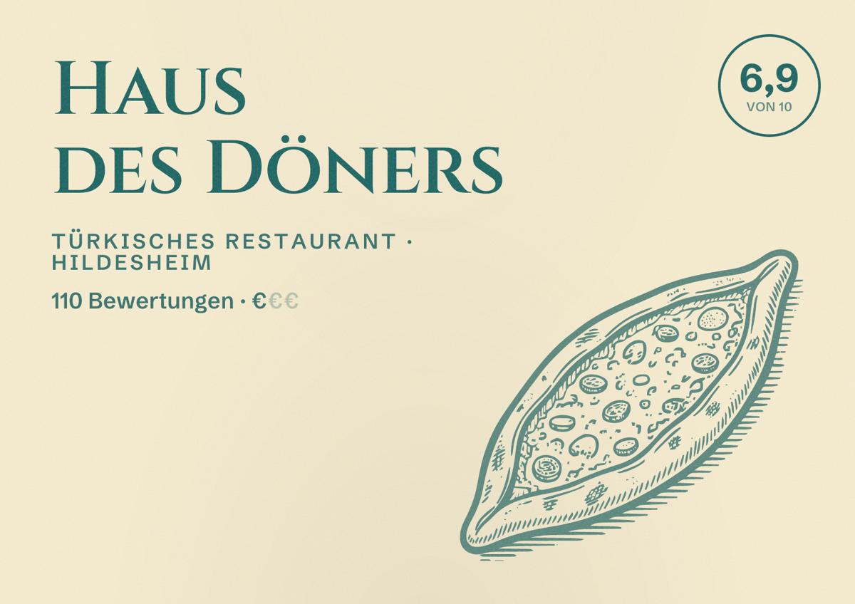 Illustriertes Poster von Haus des Döners, Türkisches Restaurant in Hildesheim: Bewertung 6,9 von 10 aus 110 Bewertungen, Preisniveau €