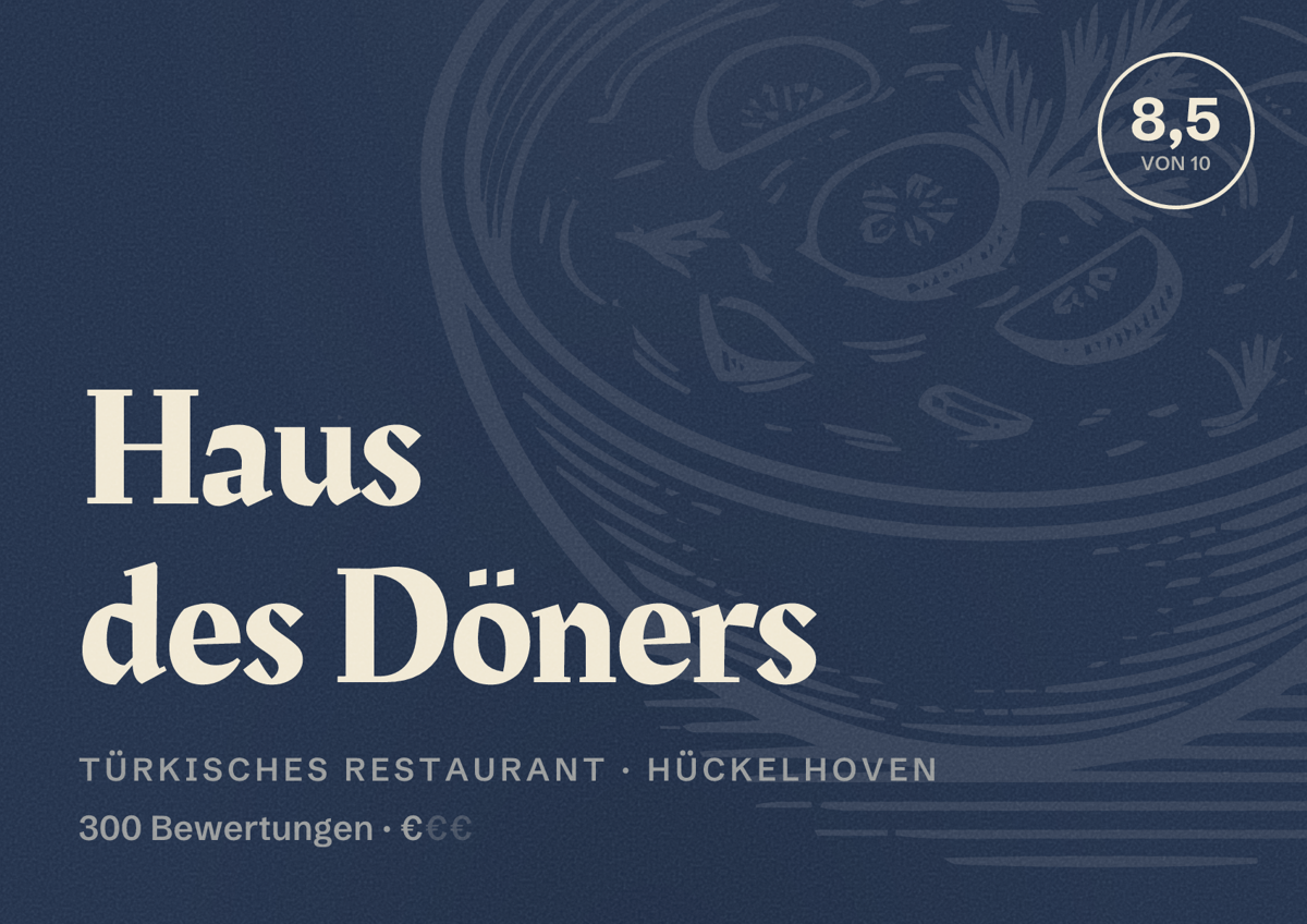 Illustriertes Poster von Haus des Döners, Türkisches Restaurant in Hückelhoven: Bewertung 8,5 von 10 aus 300 Bewertungen, Preisniveau €