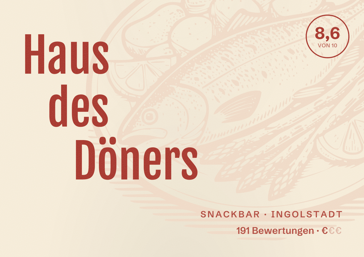 Illustriertes Poster von Haus des Döners, Snackbar in Ingolstadt: Bewertung 8,6 von 10 aus 191 Bewertungen, Preisniveau €