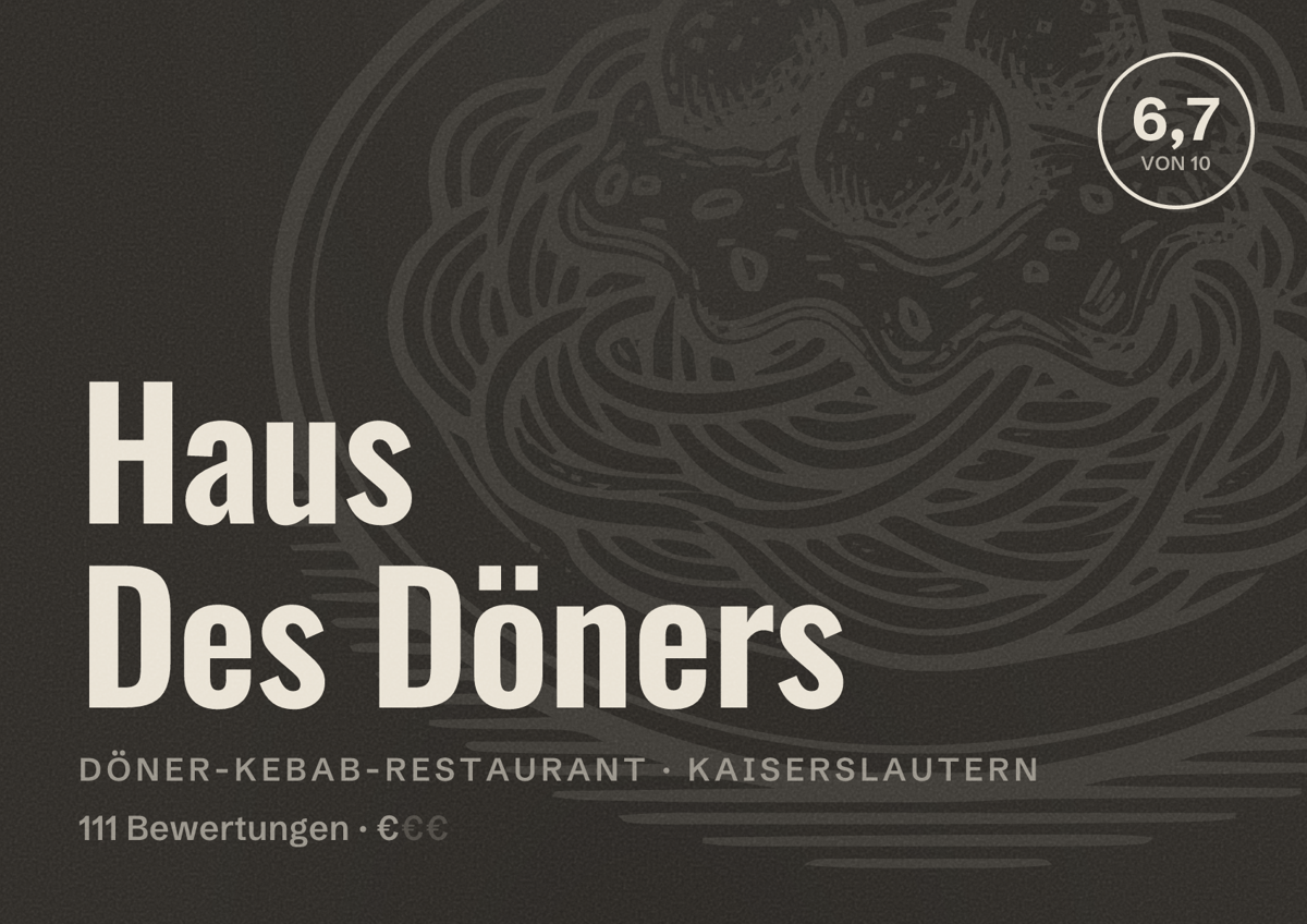 Illustriertes Poster von Haus Des Döners, Döner-Kebab-Restaurant in Kaiserslautern: Bewertung 6,7 von 10 aus 111 Bewertungen, Preisniveau €