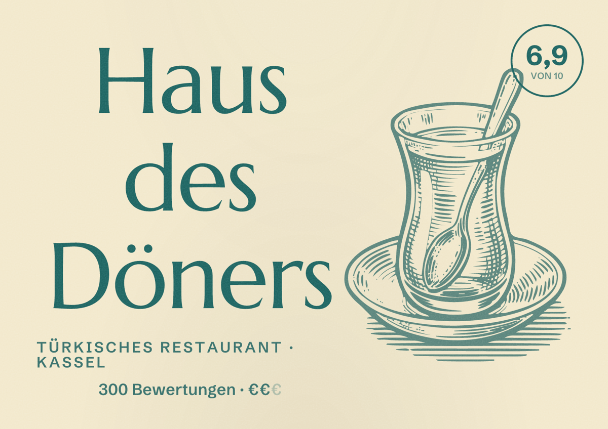 Illustriertes Poster von Haus des Döners, Türkisches Restaurant in Kassel: Bewertung 6,9 von 10 aus 300 Bewertungen, Preisniveau €€