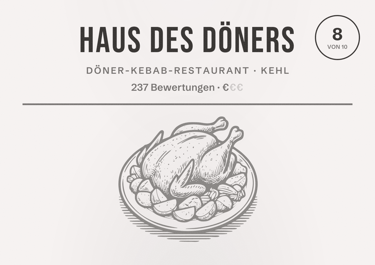Illustriertes Poster von Haus des Döners, Döner-Kebab-Restaurant in Kehl: Bewertung 8 von 10 aus 237 Bewertungen, Preisniveau €