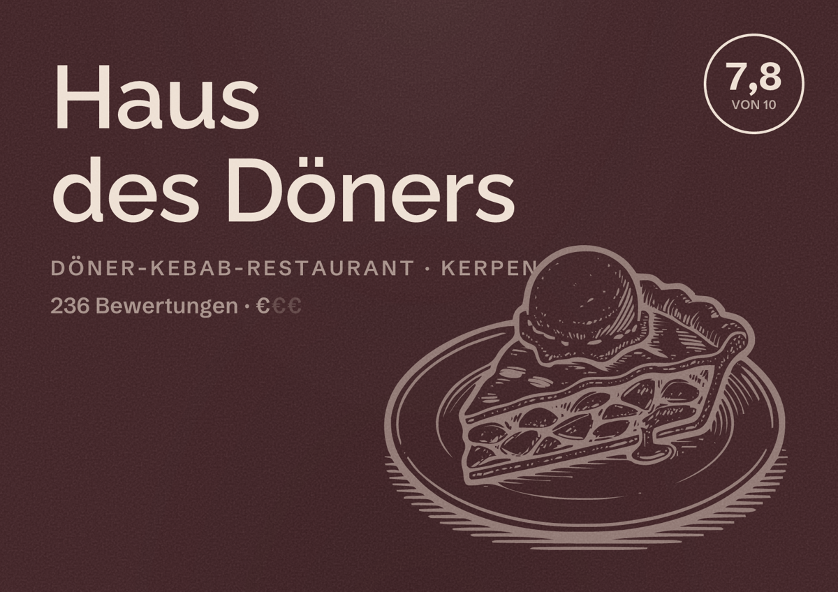 Illustriertes Poster von Haus des Döners, Döner-Kebab-Restaurant in Kerpen: Bewertung 7,8 von 10 aus 236 Bewertungen, Preisniveau €