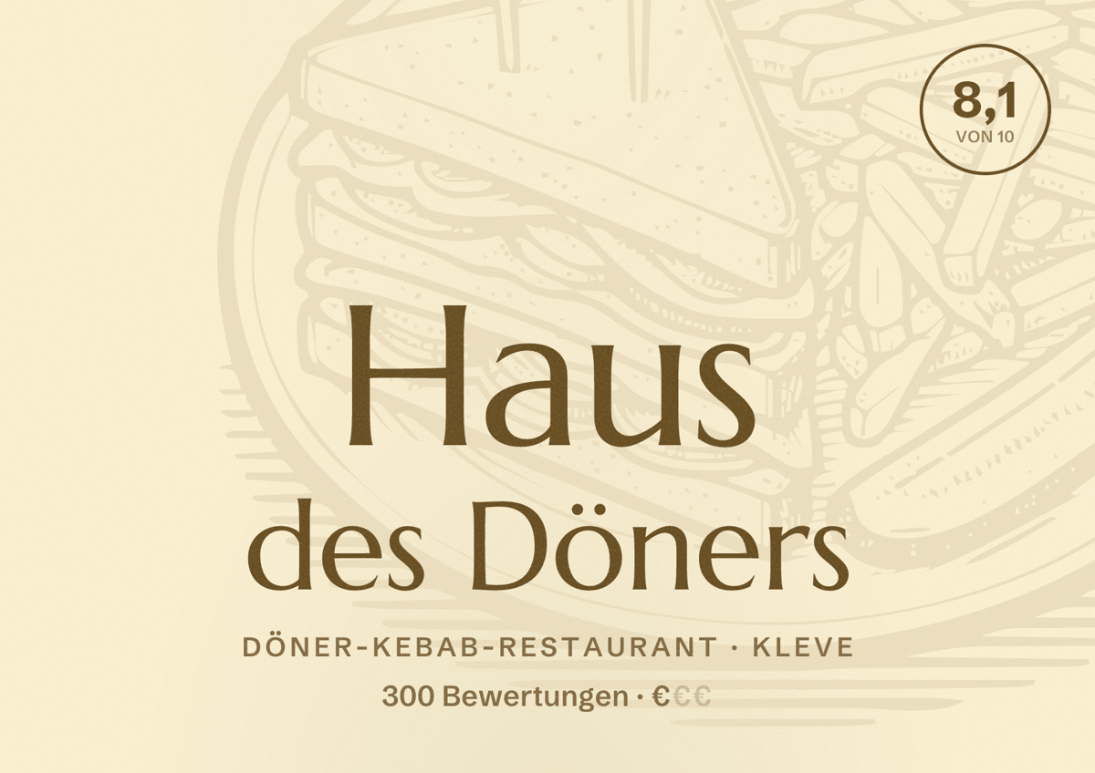 Illustriertes Poster von Haus des Döners, Döner-Kebab-Restaurant in Kleve: Bewertung 8,1 von 10 aus 300 Bewertungen, Preisniveau €