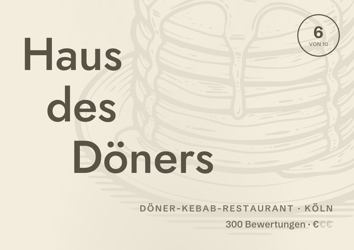 Illustriertes Poster von Haus des Döners, Döner-Kebab-Restaurant in Köln: Bewertung 6,0 von 10 aus 300 Bewertungen, Preisniveau €