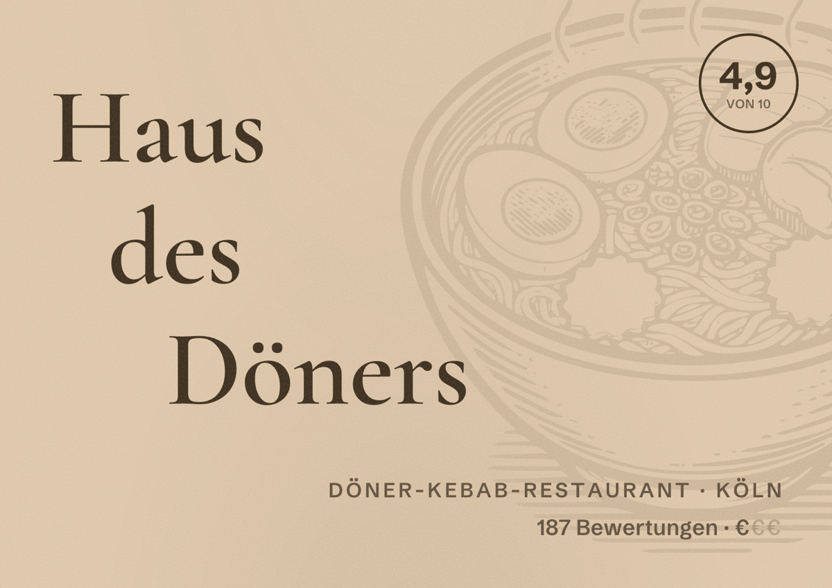 Illustriertes Poster von Haus des Döners, Döner-Kebab-Restaurant in Köln: Bewertung 4,9 von 10 aus 187 Bewertungen, Preisniveau €