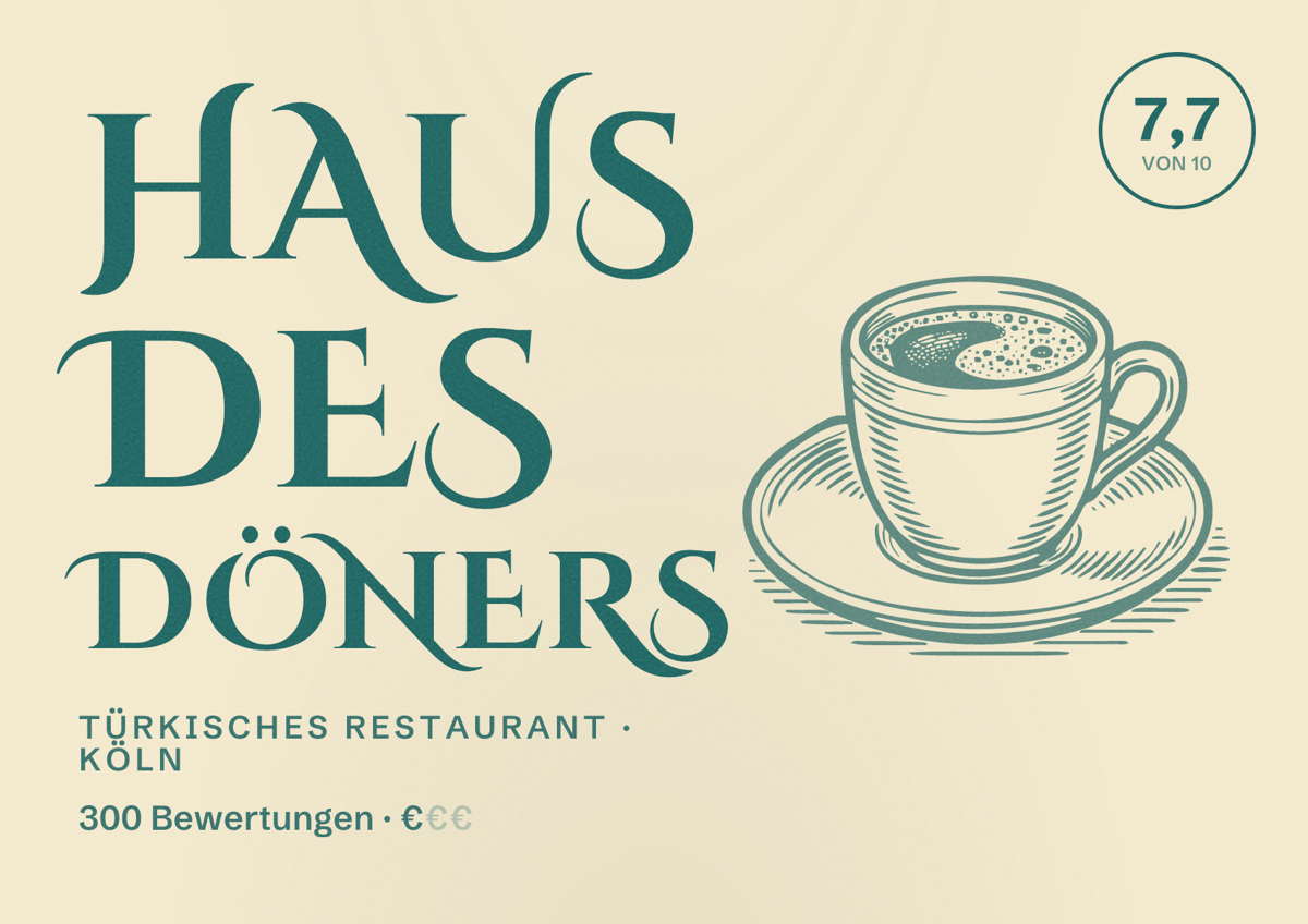 Illustriertes Poster von Haus des Döners, Türkisches Restaurant in Köln: Bewertung 7,7 von 10 aus 300 Bewertungen, Preisniveau €