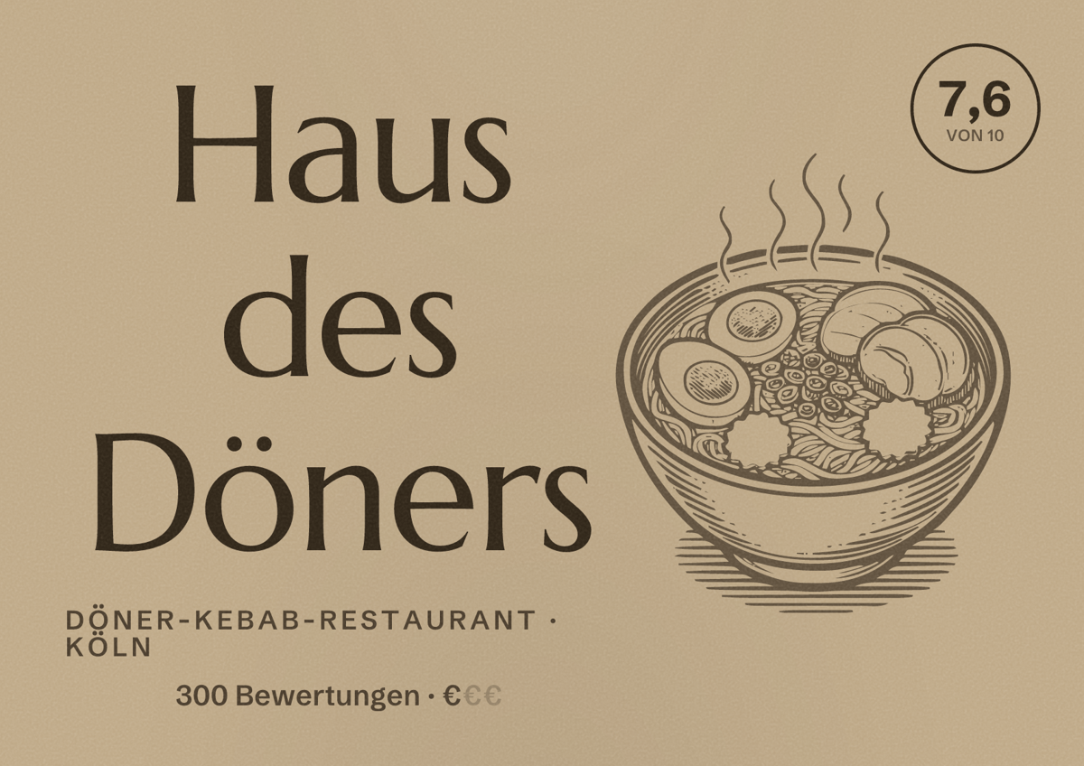 Illustriertes Poster von Haus des Döners, Döner-Kebab-Restaurant in Köln: Bewertung 7,6 von 10 aus 300 Bewertungen, Preisniveau €