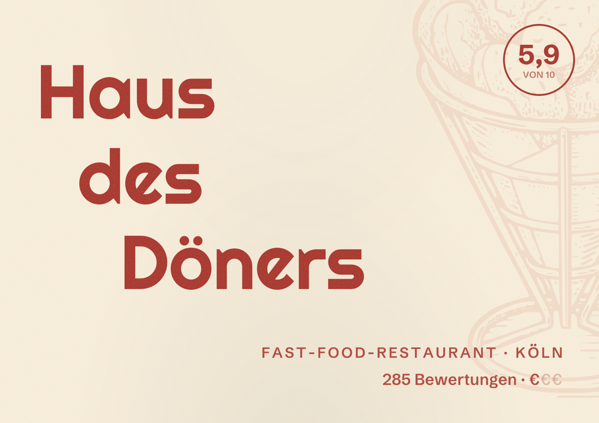 Illustriertes Poster von Haus des Döners, Fast-Food-Restaurant in Köln: Bewertung 5,9 von 10 aus 285 Bewertungen, Preisniveau €