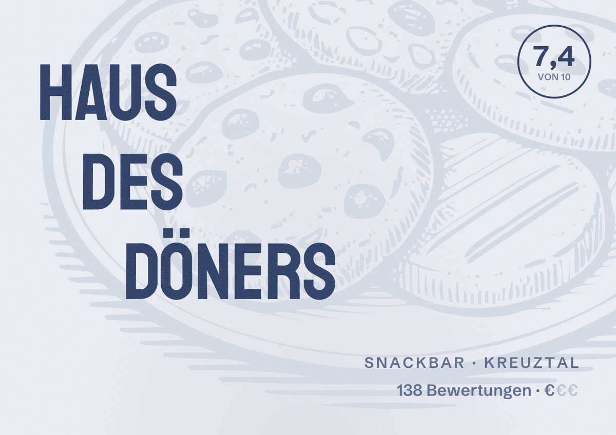 Illustriertes Poster von Haus des Döners, Snackbar in Kreuztal: Bewertung 7,4 von 10 aus 138 Bewertungen, Preisniveau €