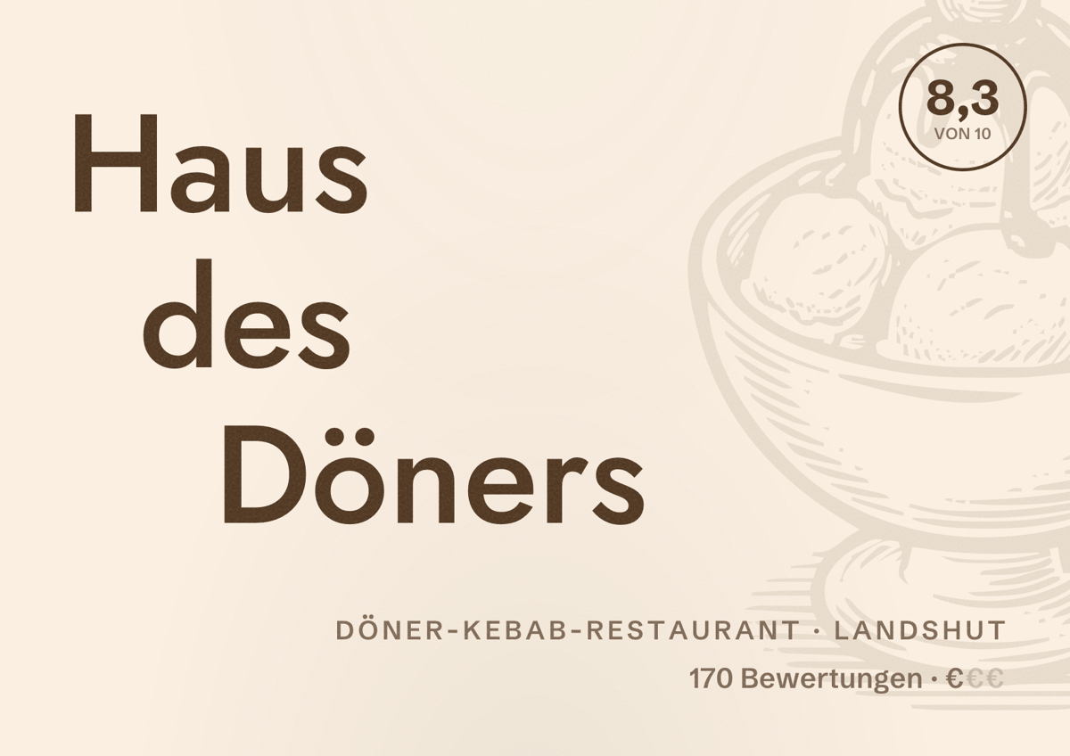 Illustriertes Poster von Haus des Döners, Döner-Kebab-Restaurant in Landshut: Bewertung 8,3 von 10 aus 170 Bewertungen, Preisniveau €