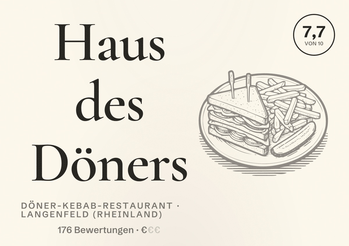 Illustriertes Poster von Haus des Döners, Döner-Kebab-Restaurant in Langenfeld (Rheinland): Bewertung 7,7 von 10 aus 176 Bewertungen, Preisniveau €