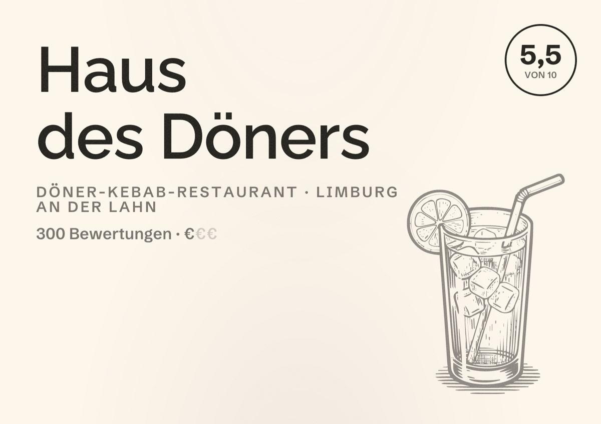 Illustriertes Poster von Haus des Döners, Döner-Kebab-Restaurant in Limburg an der Lahn: Bewertung 5,5 von 10 aus 300 Bewertungen, Preisniveau €