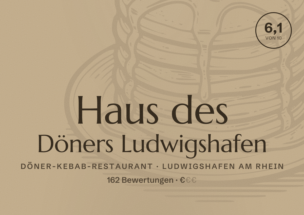 Illustriertes Poster von Haus des Döners Ludwigshafen, Döner-Kebab-Restaurant in Ludwigshafen am Rhein: Bewertung 6,1 von 10 aus 162 Bewertungen, Preisniveau €