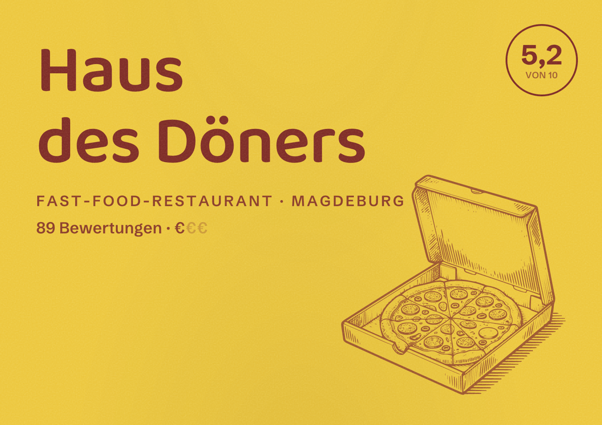 Illustriertes Poster von Haus des Döners, Fast-Food-Restaurant in Magdeburg: Bewertung 5,2 von 10 aus 89 Bewertungen, Preisniveau €
