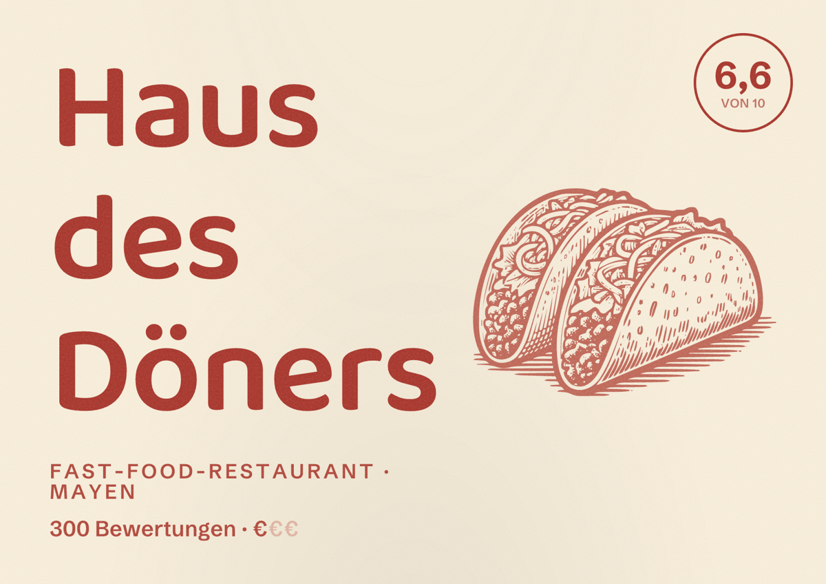 Illustriertes Poster von Haus des Döners, Fast-Food-Restaurant in Mayen: Bewertung 6,6 von 10 aus 300 Bewertungen, Preisniveau €