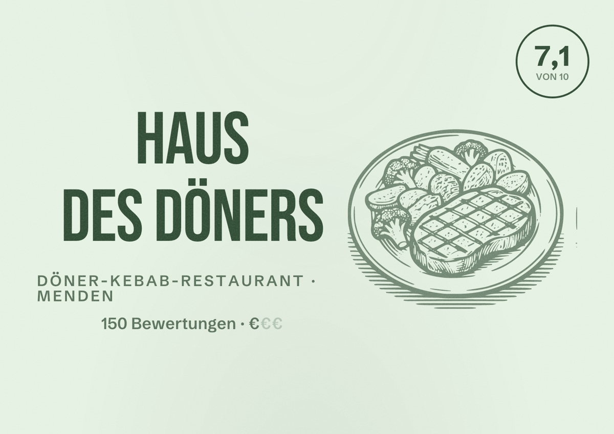 Illustriertes Poster von Haus des Döners, Döner-Kebab-Restaurant in Menden: Bewertung 7,1 von 10 aus 150 Bewertungen, Preisniveau €