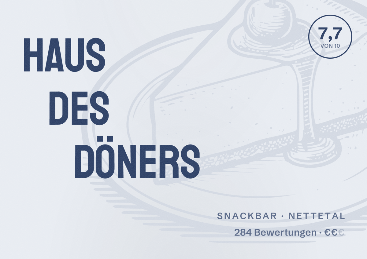 Illustriertes Poster von Haus des Döners, Snackbar in Nettetal: Bewertung 7,7 von 10 aus 284 Bewertungen, Preisniveau €€