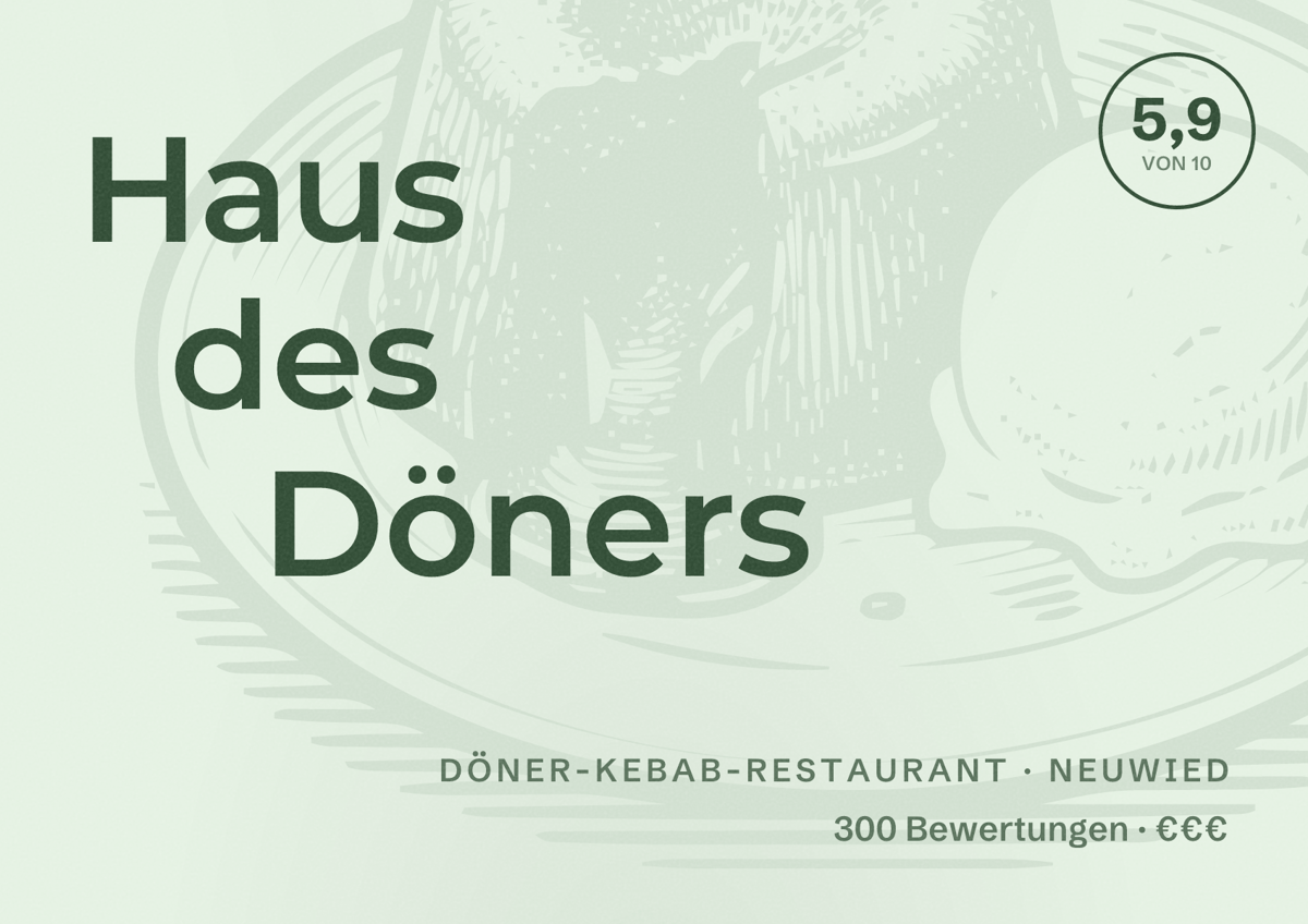 Illustriertes Poster von Haus des Döners, Döner-Kebab-Restaurant in Neuwied: Bewertung 5,9 von 10 aus 300 Bewertungen, Preisniveau €€€