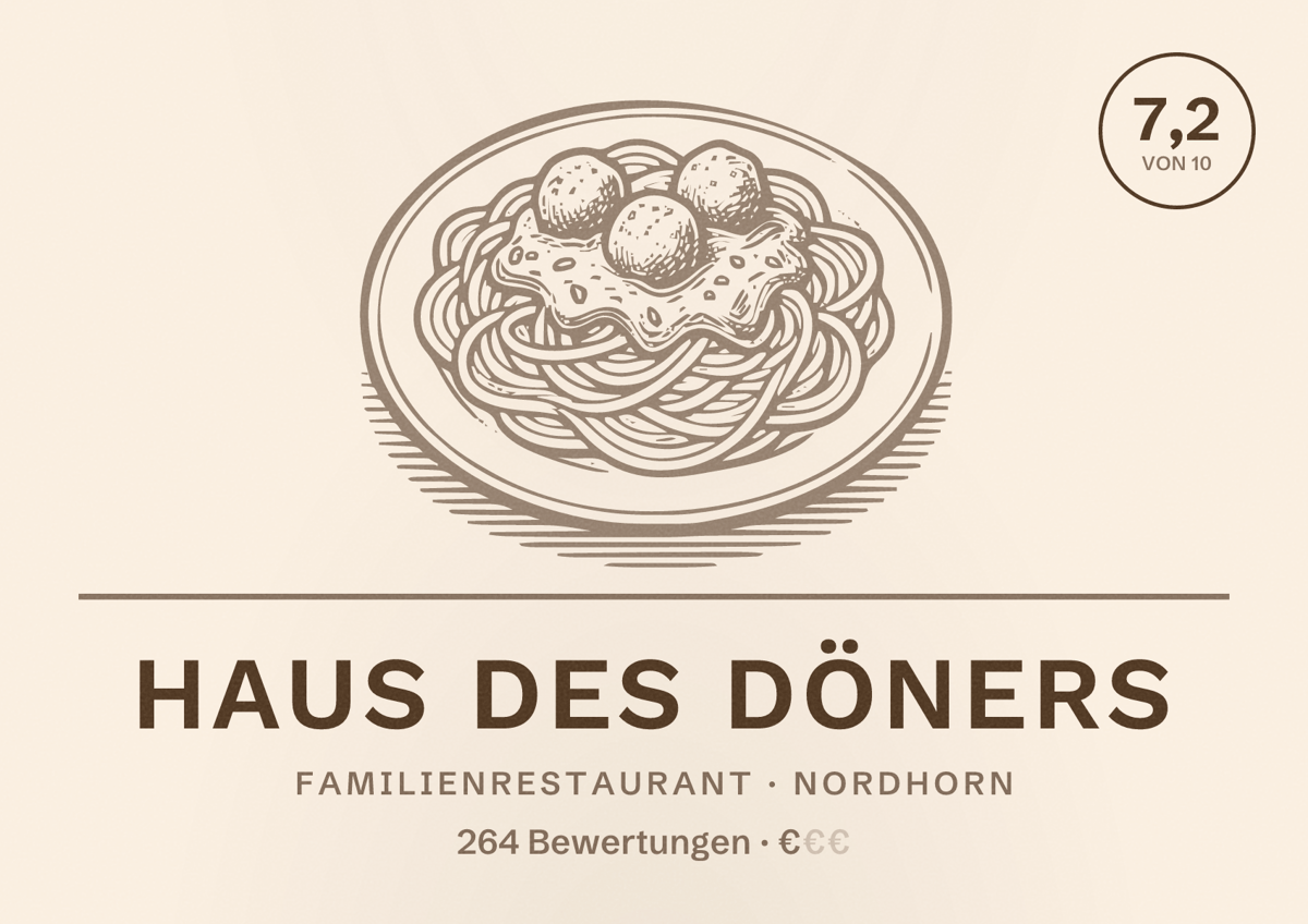 Illustriertes Poster von Haus des Döners, Familienrestaurant in Nordhorn: Bewertung 7,2 von 10 aus 264 Bewertungen, Preisniveau €