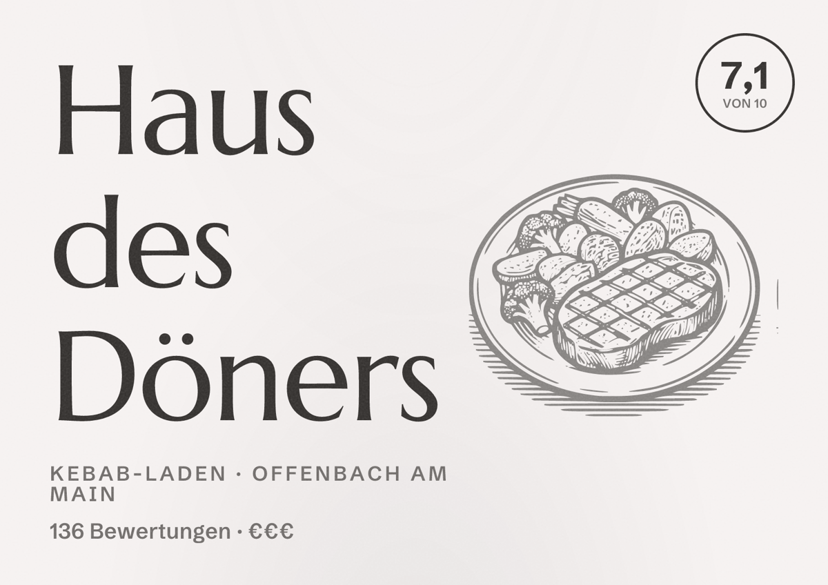Illustriertes Poster von Haus des Döners, Kebab-Laden in Offenbach am Main: Bewertung 7,1 von 10 aus 136 Bewertungen, Preisniveau €€€