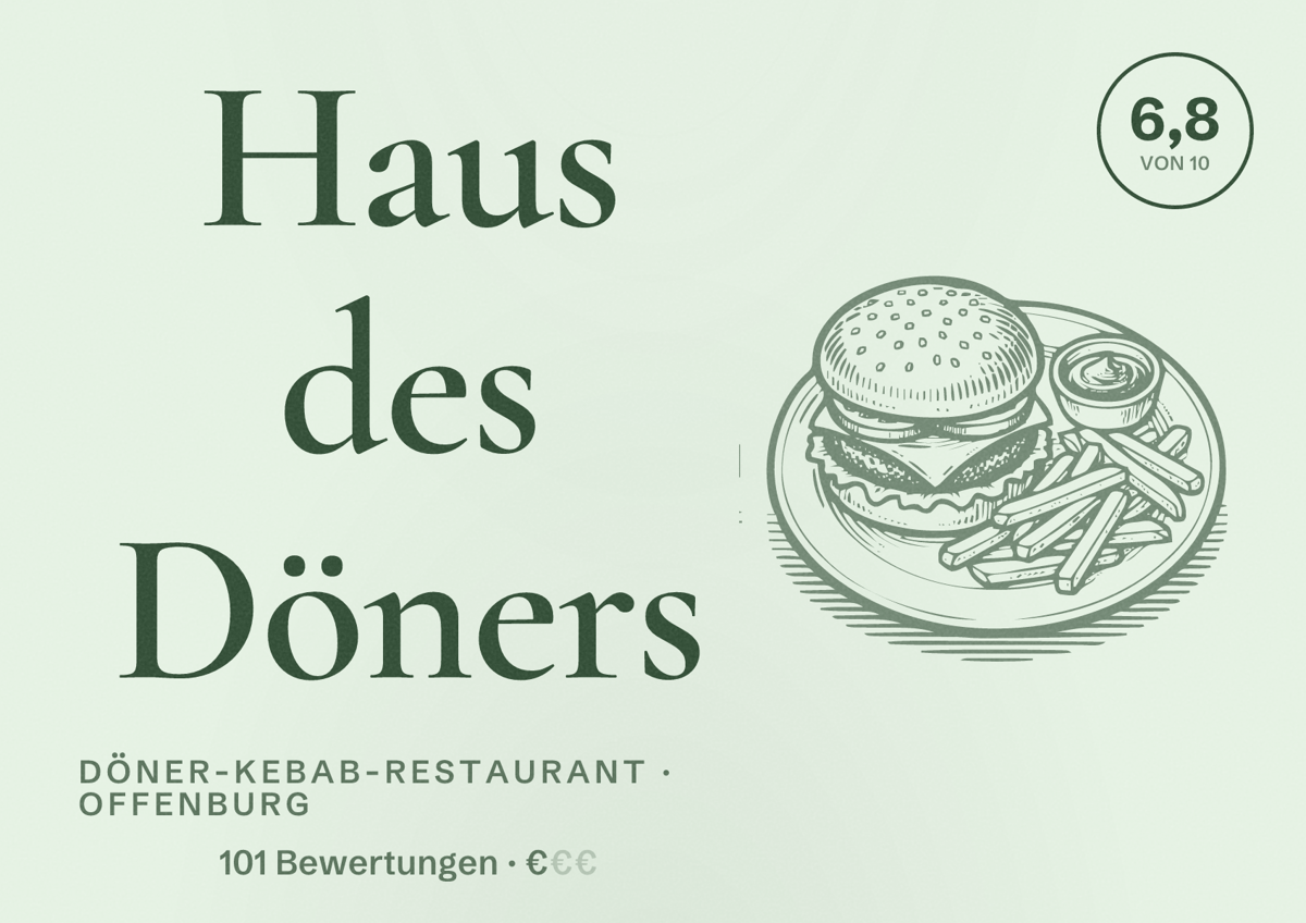 Illustriertes Poster von Haus des Döners, Döner-Kebab-Restaurant in Offenburg: Bewertung 6,8 von 10 aus 101 Bewertungen, Preisniveau €