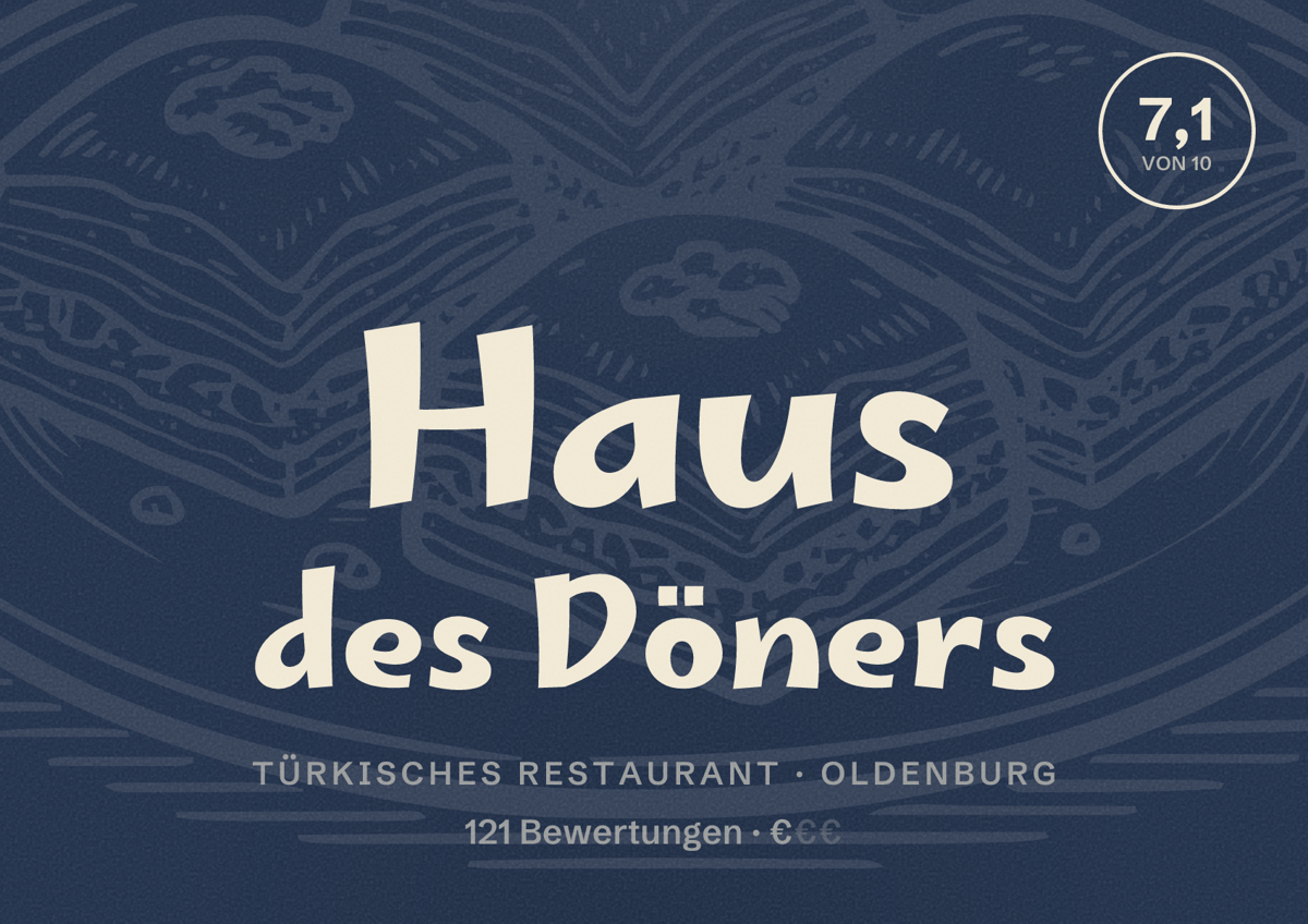Illustriertes Poster von Haus des Döners, Türkisches Restaurant in Oldenburg: Bewertung 7,1 von 10 aus 121 Bewertungen, Preisniveau €