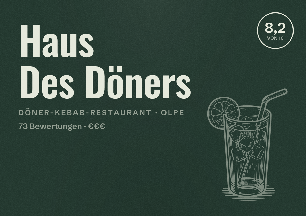 Illustriertes Poster von Haus Des Döners, Döner-Kebab-Restaurant in Olpe: Bewertung 8,2 von 10 aus 73 Bewertungen, Preisniveau €€€