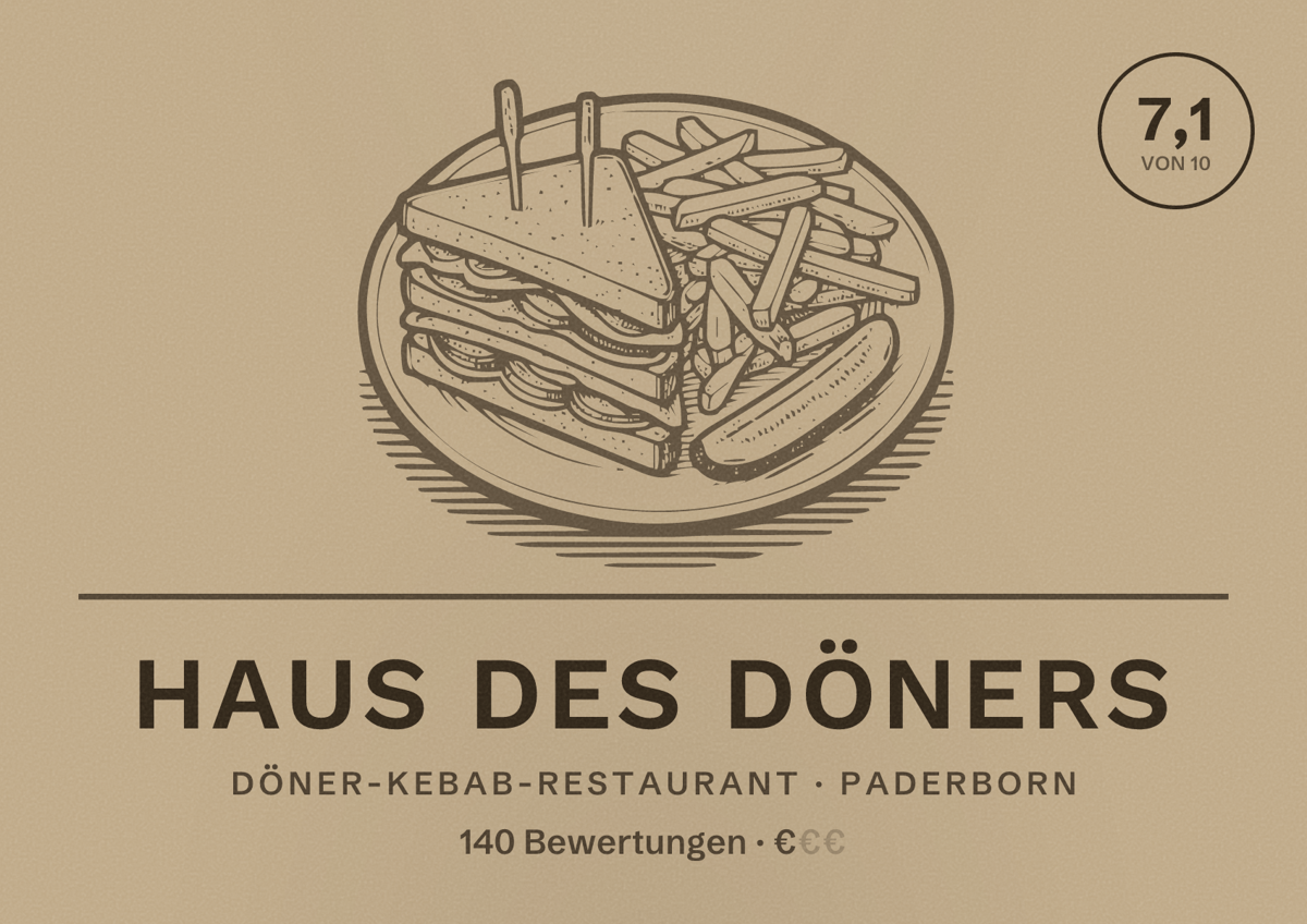 Illustriertes Poster von Haus des Döners, Döner-Kebab-Restaurant in Paderborn: Bewertung 7,1 von 10 aus 140 Bewertungen, Preisniveau €